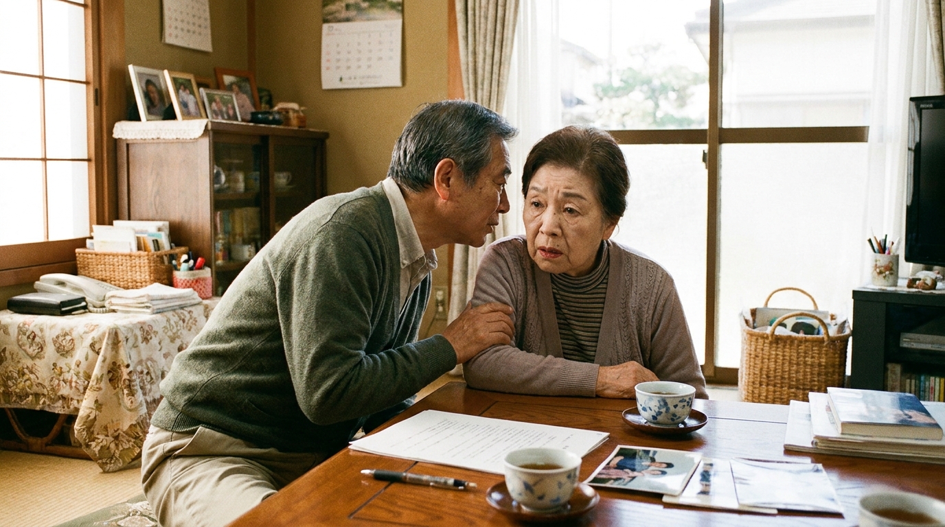 高齢の叔母と将来の対策について話す甥。二人の間には温かい信頼関係が感じられる。