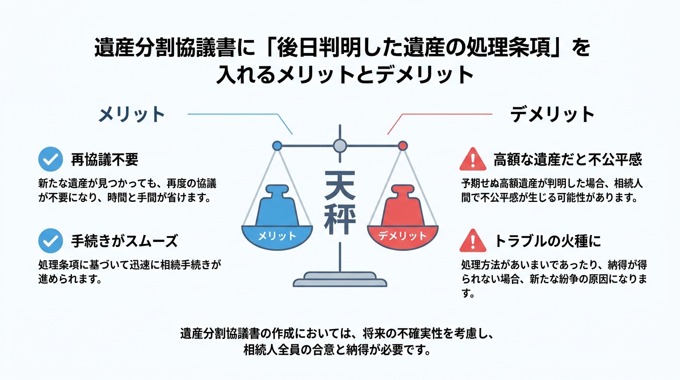 遺産分割協議書に「後日発見された遺産の処理条項」を入れることのメリットとデメリットを比較した図解。