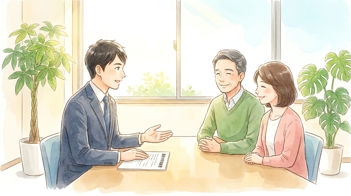 司法書士から単独名義での換価分割に向けた遺産分割協議書の説明を受け安心する相続人のイラスト