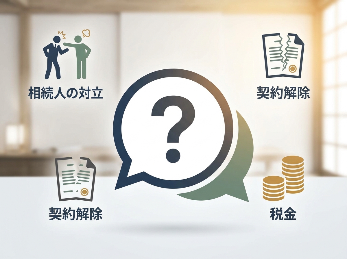不動産相続におけるよくある質問とトラブルのイメージイラスト。クエスチョンマークを中心に、相続人間の対立や契約解除などの問題が描かれている。
