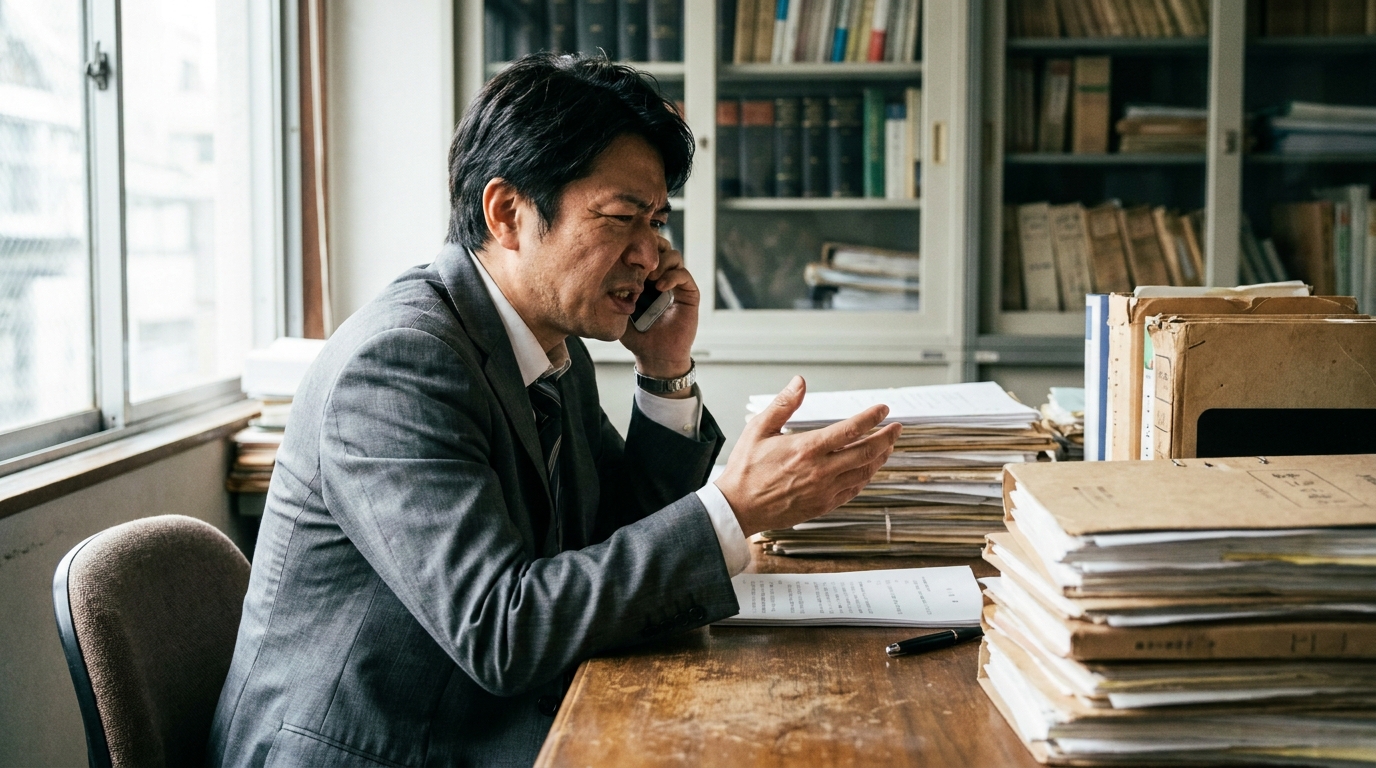 司法書士が依頼者のために消費者金融と電話で交渉している様子。真剣な表情から交渉の難しさが伝わってくる。