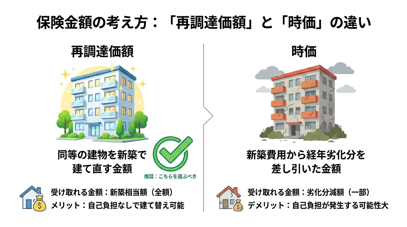 火災保険の保険金額設定における「再調達価額」と「時価」の違いを比較する図解。再調達価額で契約する重要性を示している。