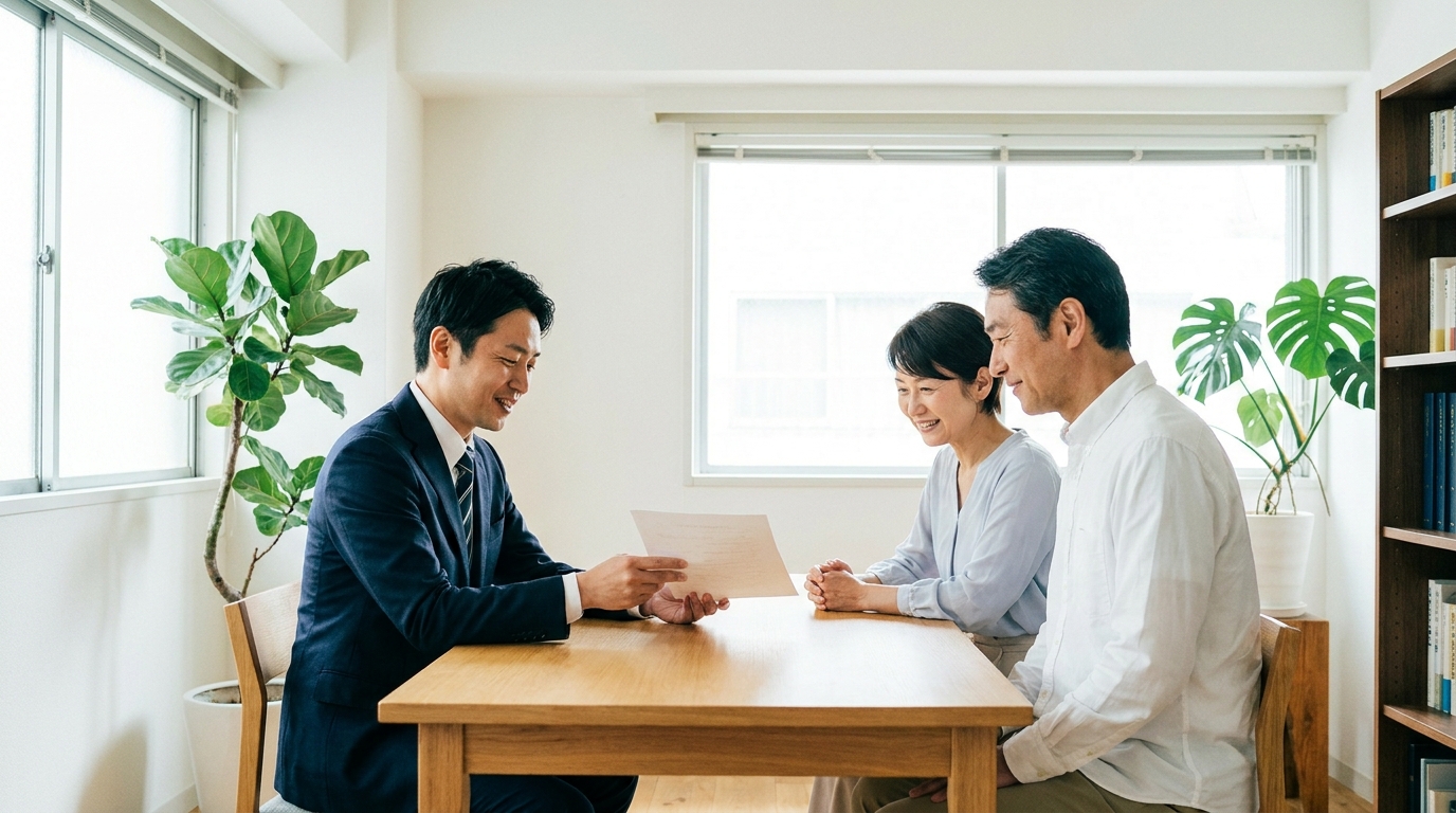 司法書士に家族信託の相談をし、安心した表情を浮かべる夫婦。