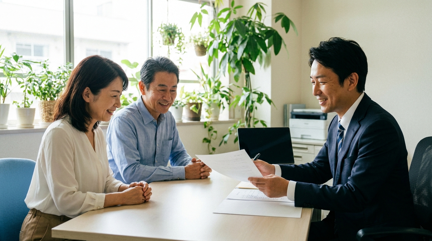 司法書士が相談者に抵当権抹消手続きについて説明し、安心させている様子